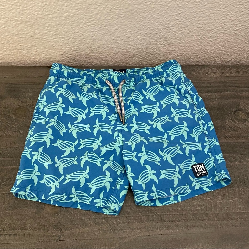 Youth boys Tom & Teddy Blue Swim Shorts with Turtle Print